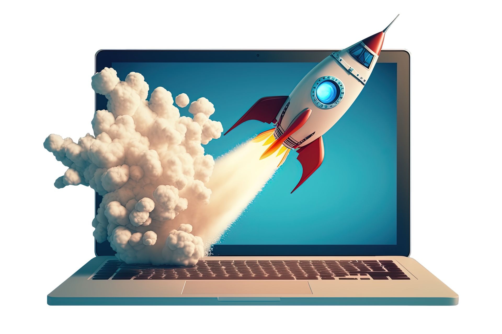 A rocket ship launching out of a laptop screen with smoke trails, symbolizing innovation and technology.